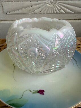 Vintage 70's Fenton Diamond Cut Rose Bowl White clear Opalescent Glass